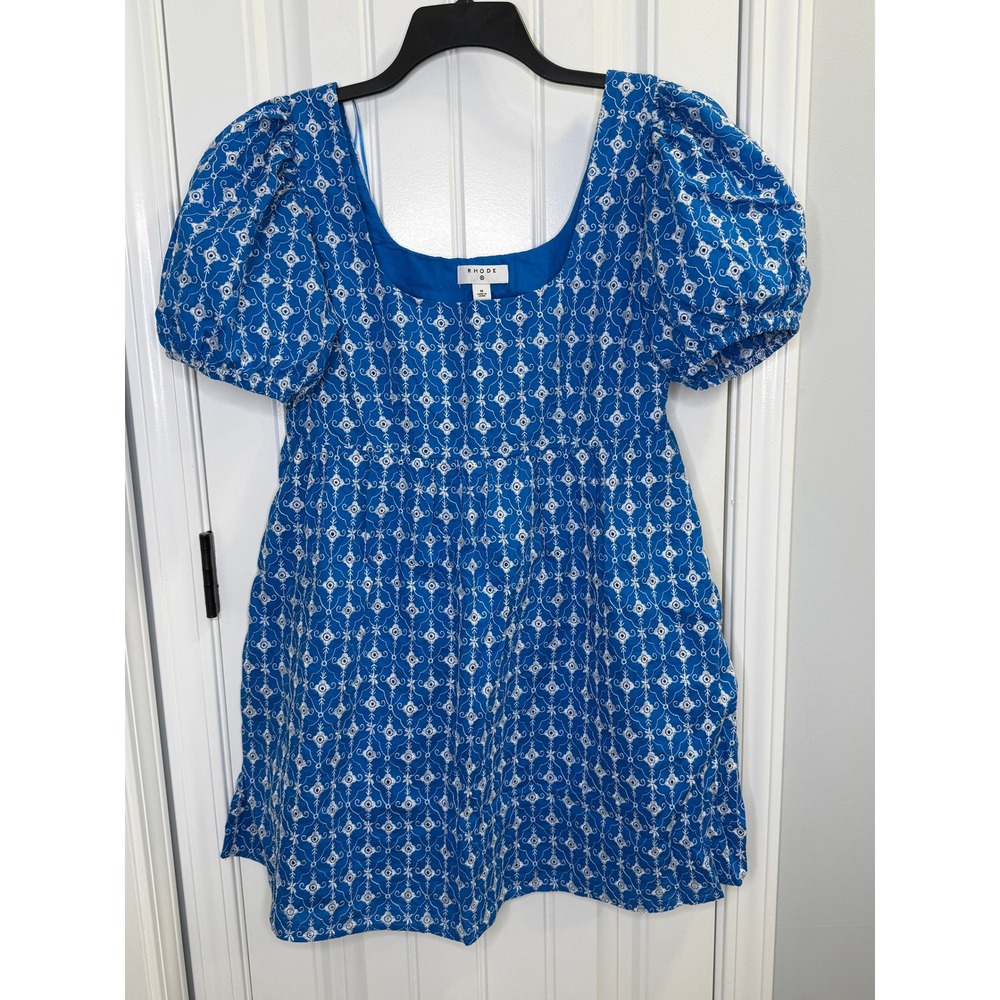Rhode x Target Size M Blue Embroidered Mini Dress Puff Sleeve Cotton Vacation - Picture 2 of 7